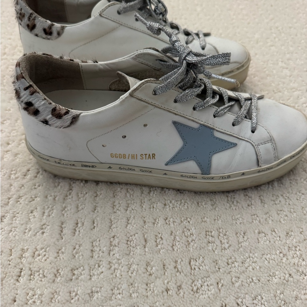 Golden Goose White Sneakers with Blue Star and Leopard Detail